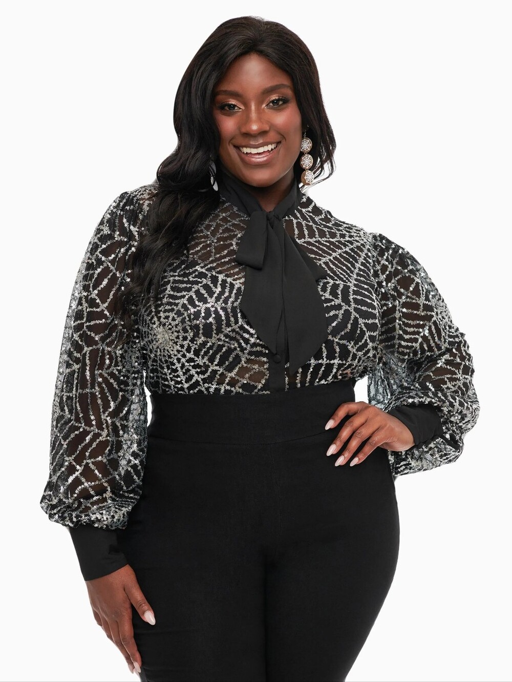 NWT Sequin Black Sheer Spiderweb Blouse XL Unique Vintage Halloween